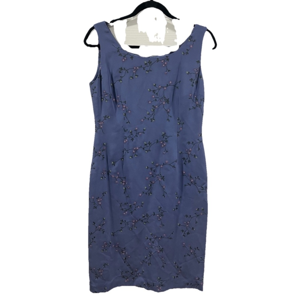 Vintage Rena Rowan Essential Floral Embroidered Sleeveless Silk Dress Blue 4 NWT
